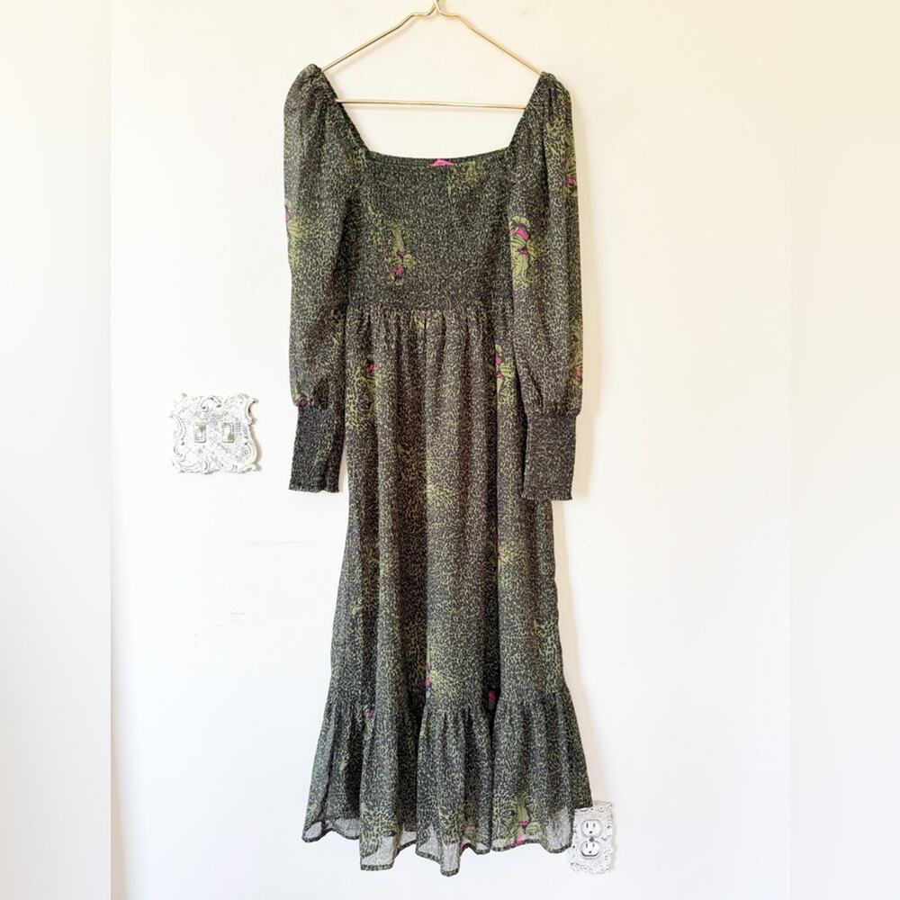 Betsy Johnson Green and Black Leopard animal Print Smocked Tiered Midi Dress S - Picture 4 of 12